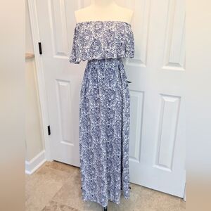 BEAUTIFUL BOHO MAXI DRESS WHITE & BLUE FLORAL PAISLEY PRINT STRAPLESS RUFFLE